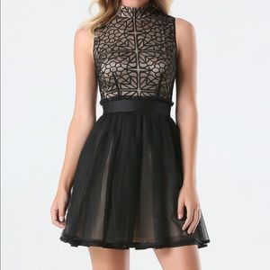 Bebe Black Fit and Flare Appliqué Mesh Dress